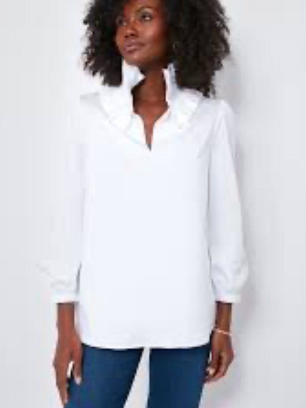 Adrienne Vittadini White V-Neck Ruffle Trim Tunic